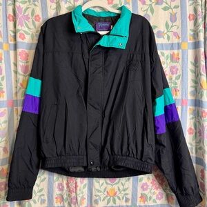 Vintage 80s Reminders Du Pont Black Nylon Windbreaker Jacket With Teal Collar